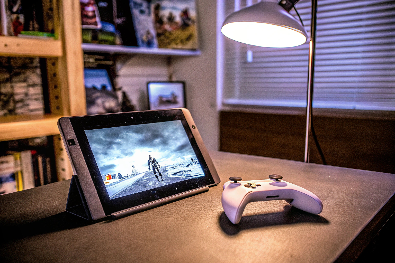 Gamer spielt Cloud-Gaming auf einem Tablet mit Controller