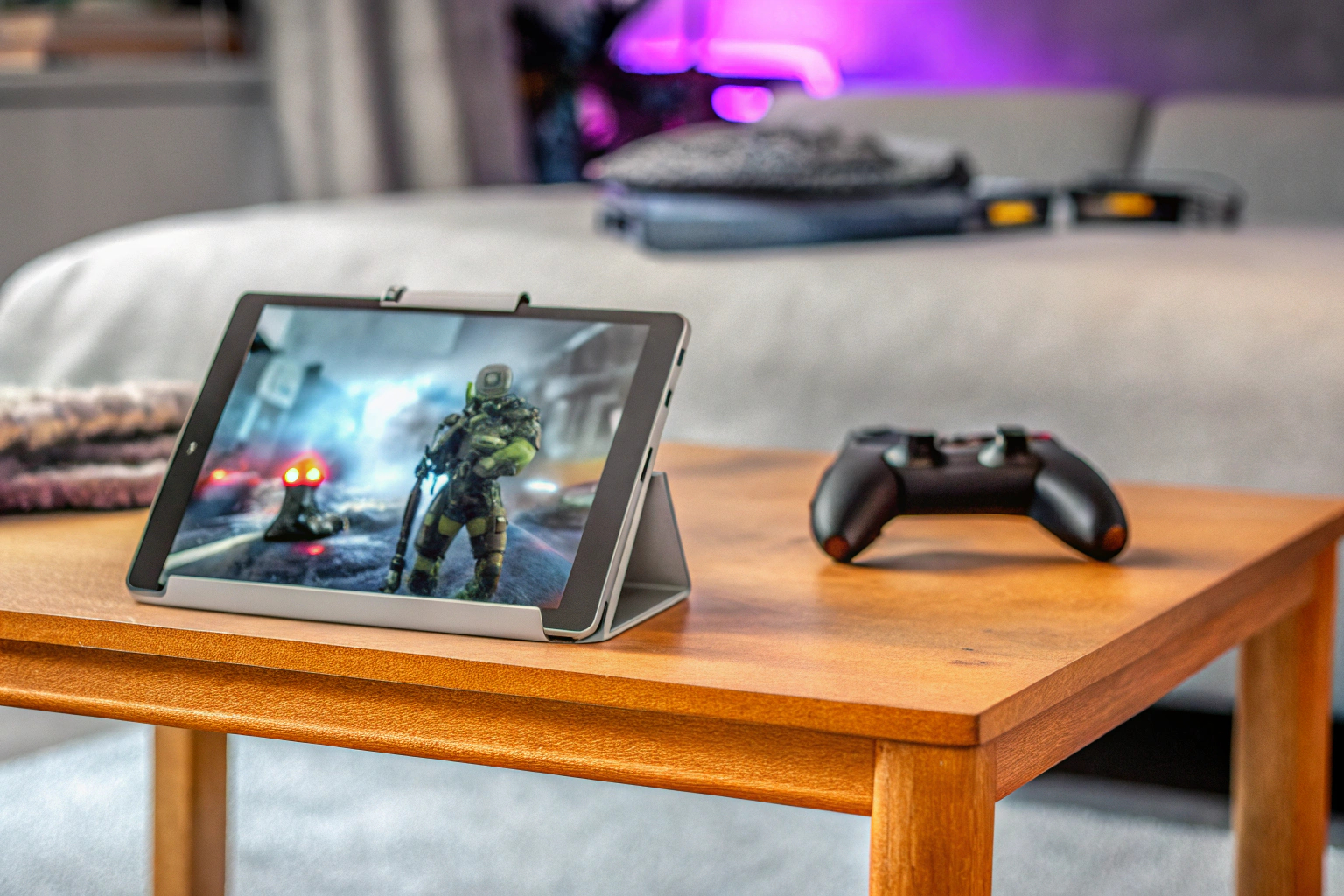 Gamer mit Tablet beim Cloud-Gaming