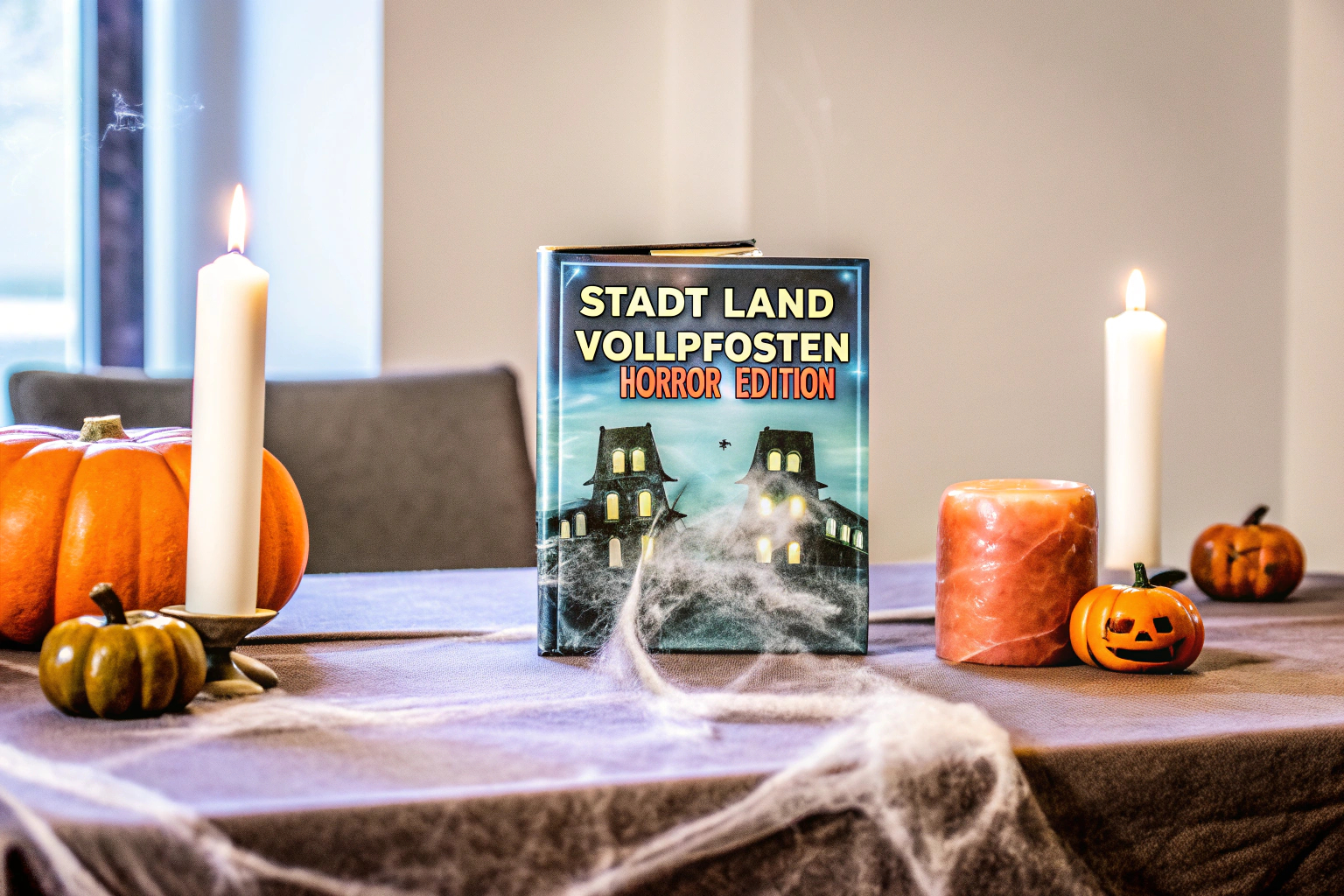 Stadt Land VOLLPFOSTEN® - Horror Edition auf einem Tisch mit Halloween-Dekorationen.