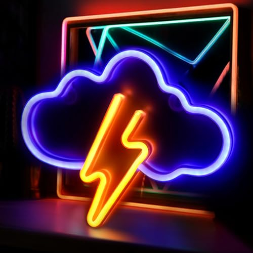 Blau Wolke und Gelb Blitz Neon Schild